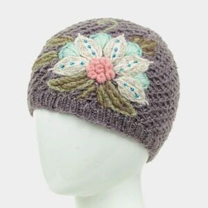 Lost Horizons - Naomi Wool Hand Knit Fleece Lined Embroidered Beanie Gray